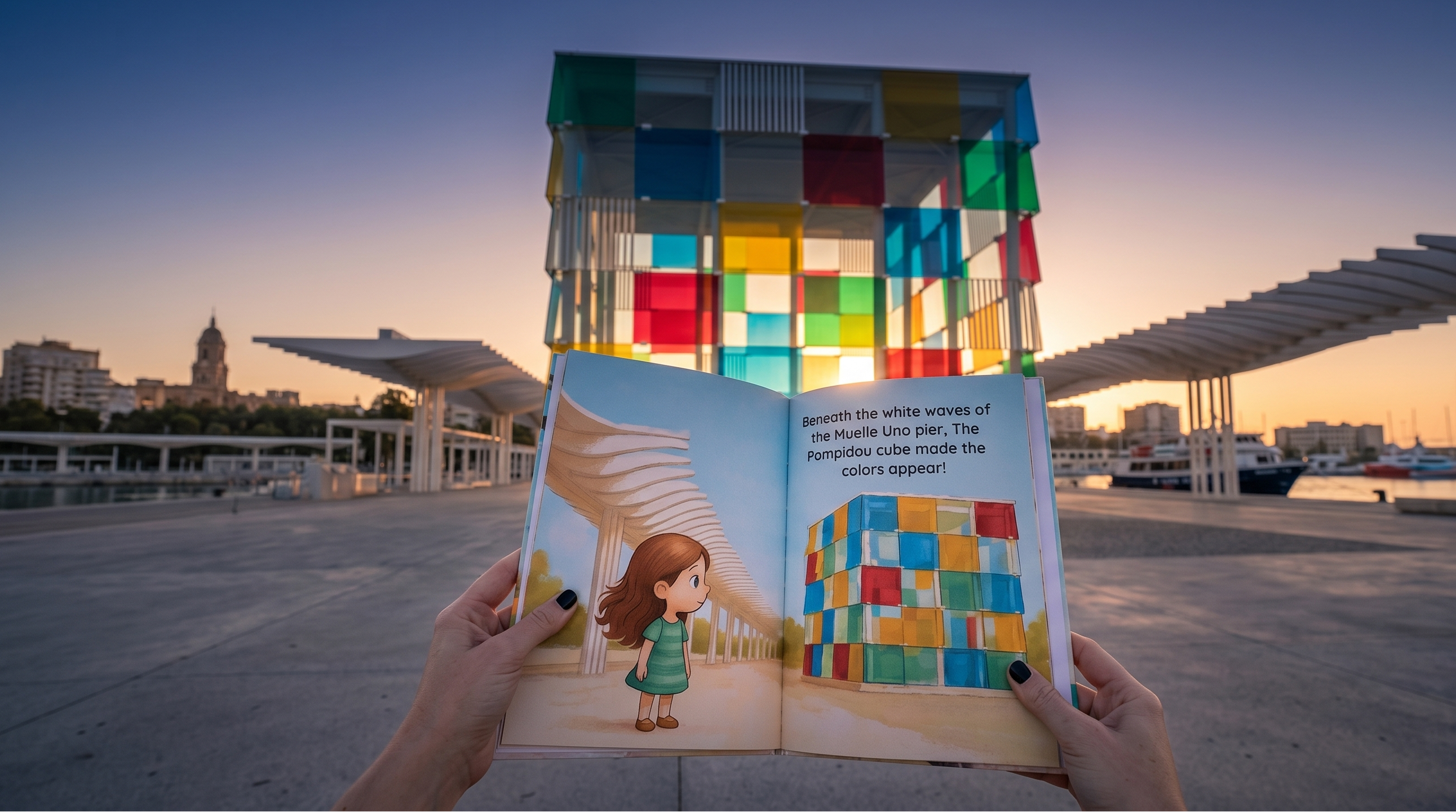 Person holding a book with a colorful quilt illustration against a cityscape background